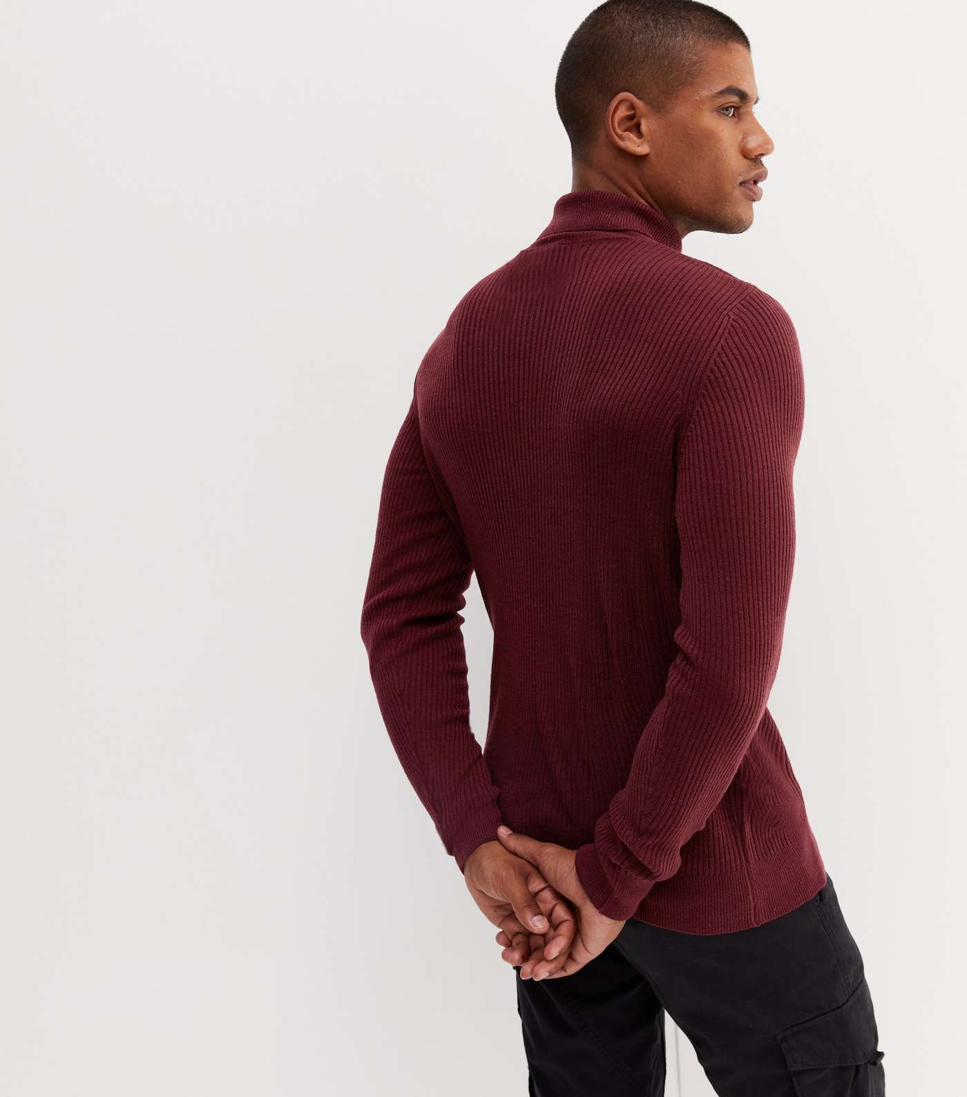 Burgundy Ribbed Fine Knit Muscle Fit Roll Neck Top Image 4