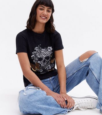Damen Bekleidung Black Zebra Print Skull Toujours Metallic Logo T-Shirt