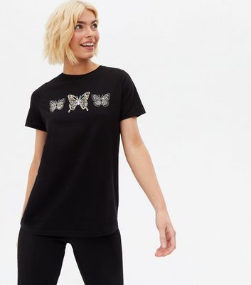 Black Butterfly Leopard Print T Shirt New Look