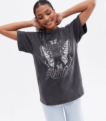 Dark Grey Acid Wash Butterfly Logo Oversized T Shirt New Look