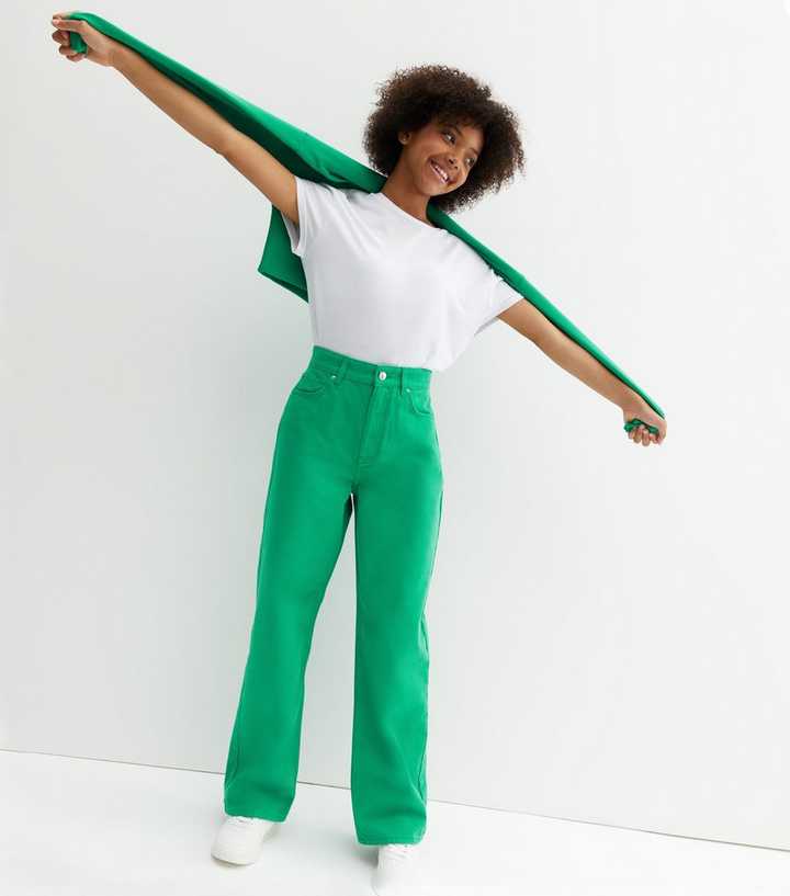 Girls Green High Waist Adalae Wide Leg Jeans