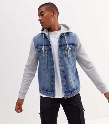 Blue Denim Jersey Sleeve Hooded Jacket