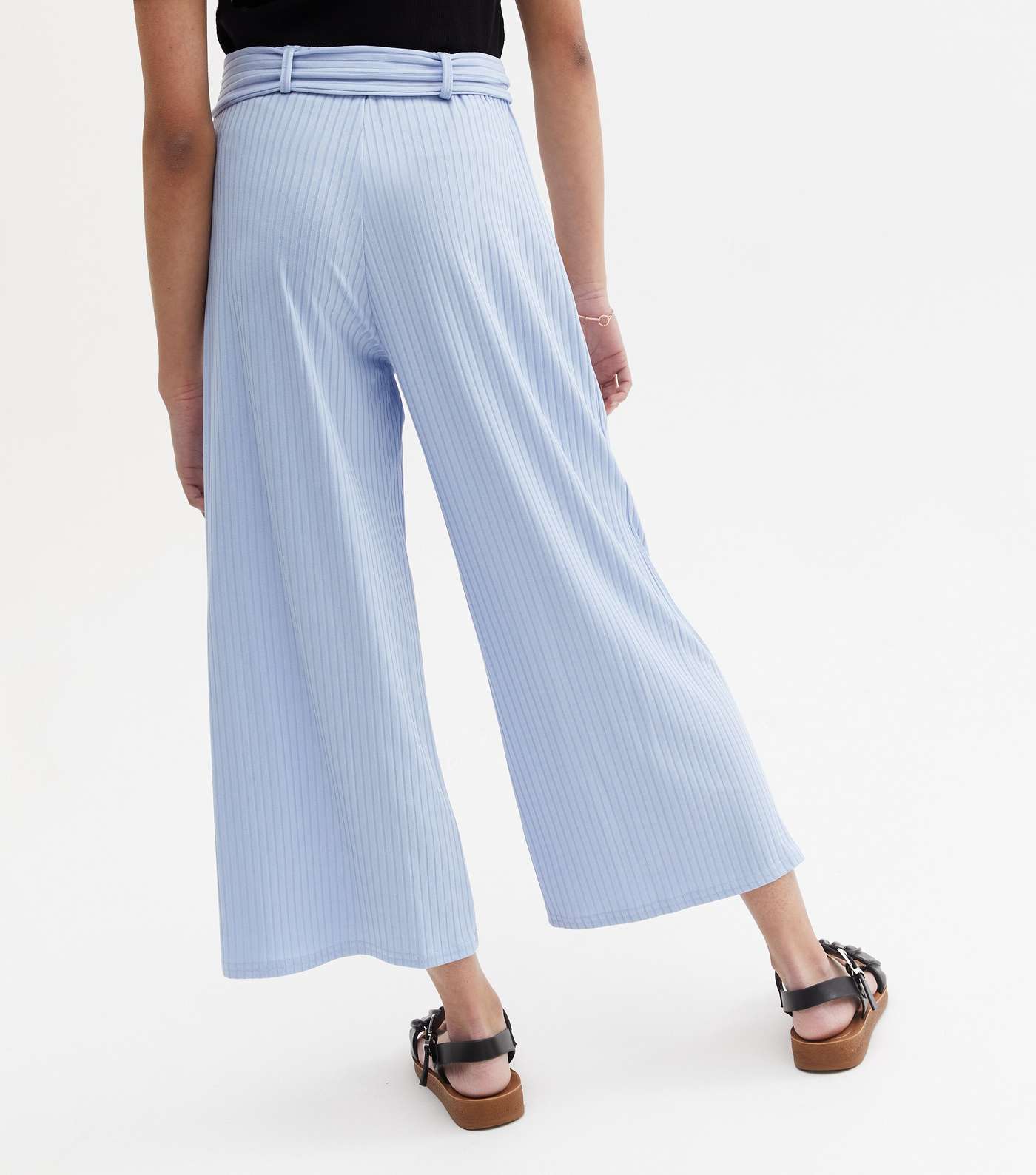 Girls Pale Blue Ribbed Belted Wide Leg Crop Trousers Image 4