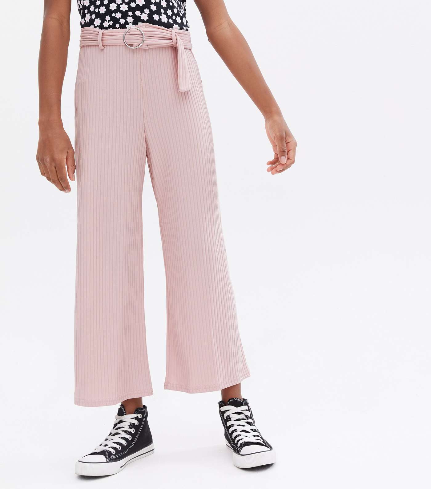 Girls Pale Pink Ribbed Belted Wide Leg Crop Trousers Image 2