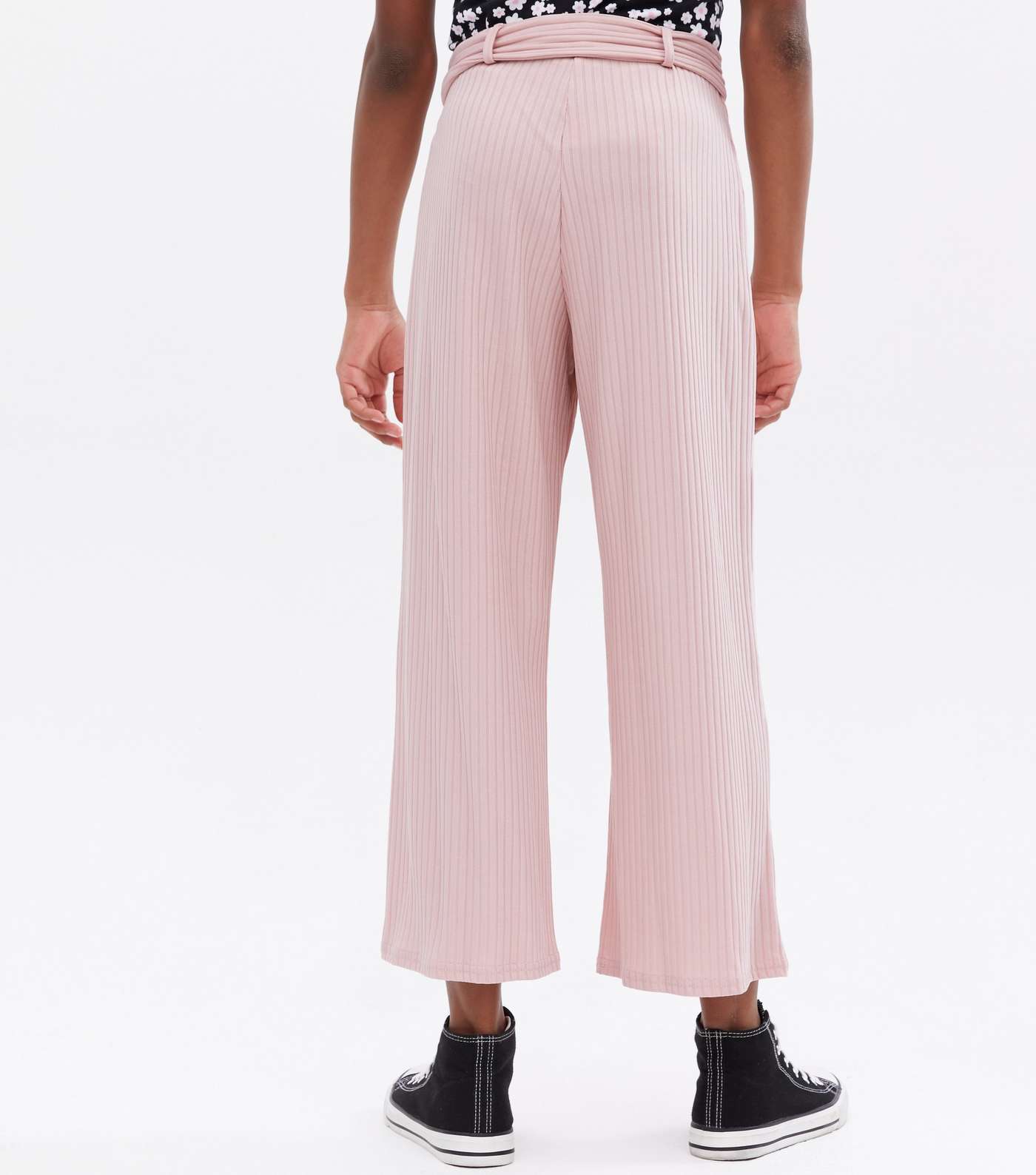 Girls Pale Pink Ribbed Belted Wide Leg Crop Trousers Image 4