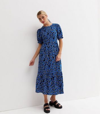 Blue Animal Print Short Puff Sleeve Tiered Midi Smock Dress