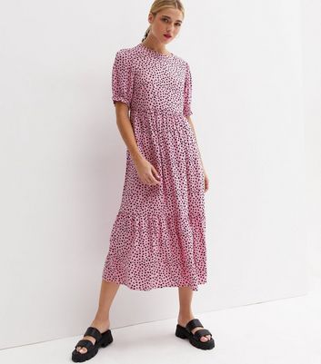 Pink Heart Print Short Puff Sleeve Tiered Midi Smock Dress