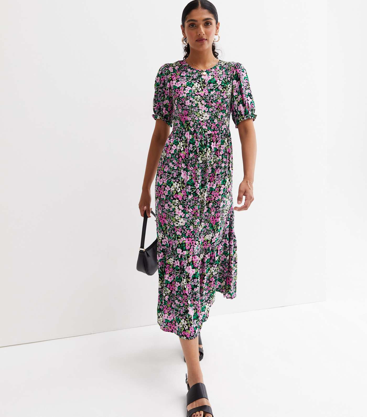 Pink Floral Tiered Puff Sleeve Midi Dress
