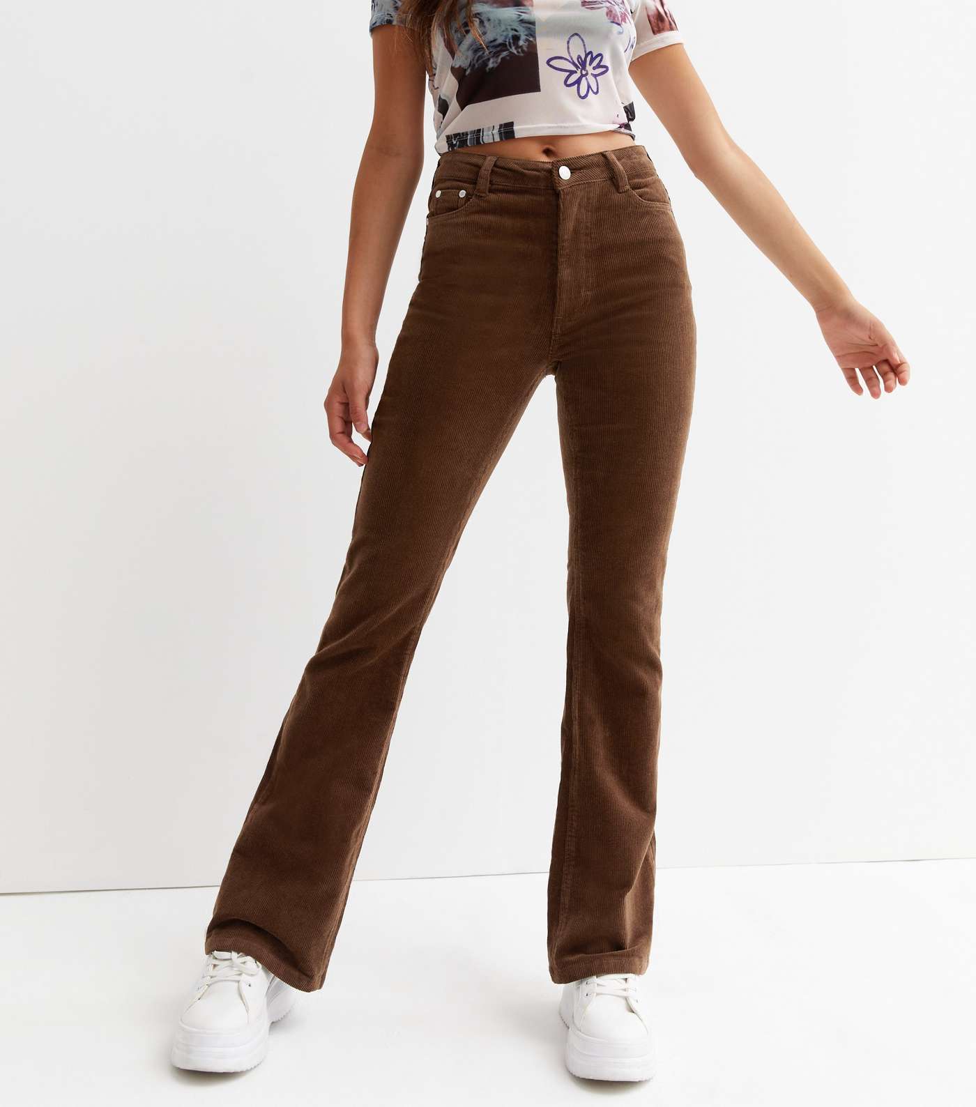 Dark Brown Cord High Waist Flared Trousers Image 3