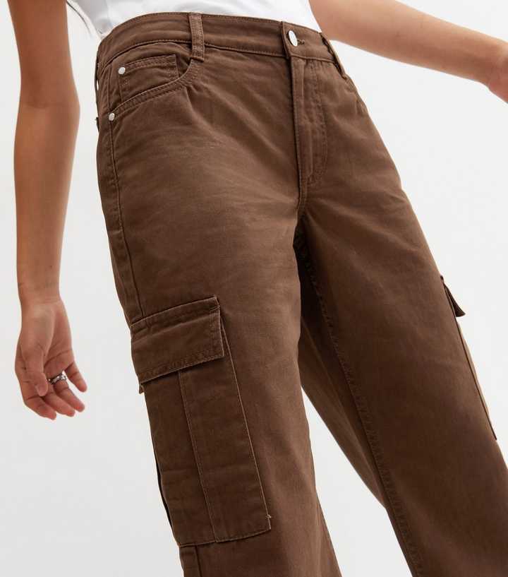 Dark Brown Low Rise Wide Leg Cargo Trousers