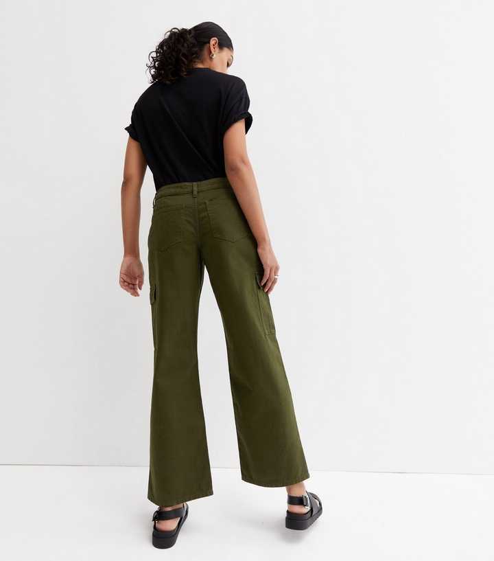 Khaki Low Rise Wide Leg Cargo Trousers