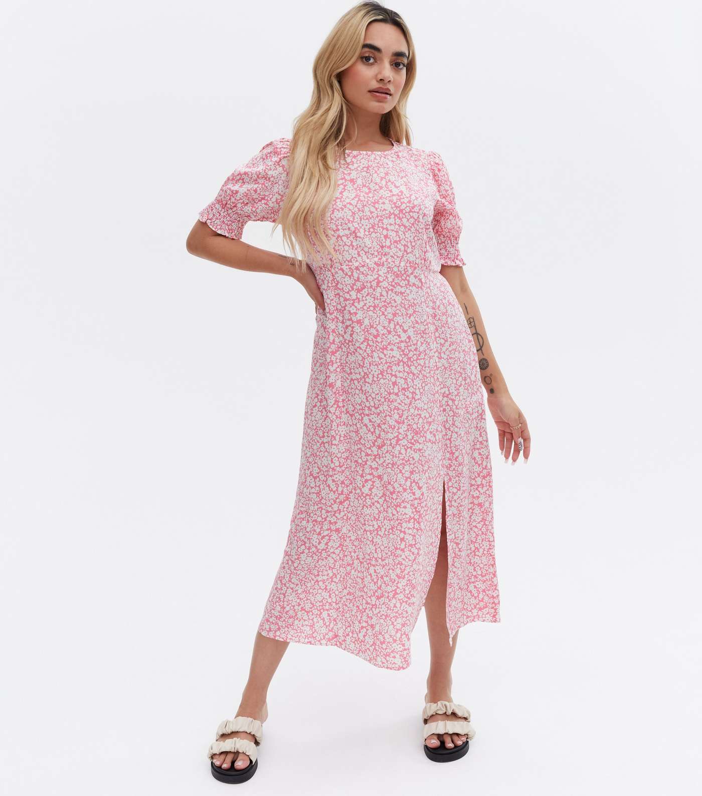 Petite Pink Ditsy Floral Split Hem Midi Dress