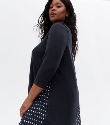 Damen Bekleidung Curves Navy Spot Dip Hem Tunic Top Damen Bekleidung Curves Navy Spot Dip Hem Tunic Top