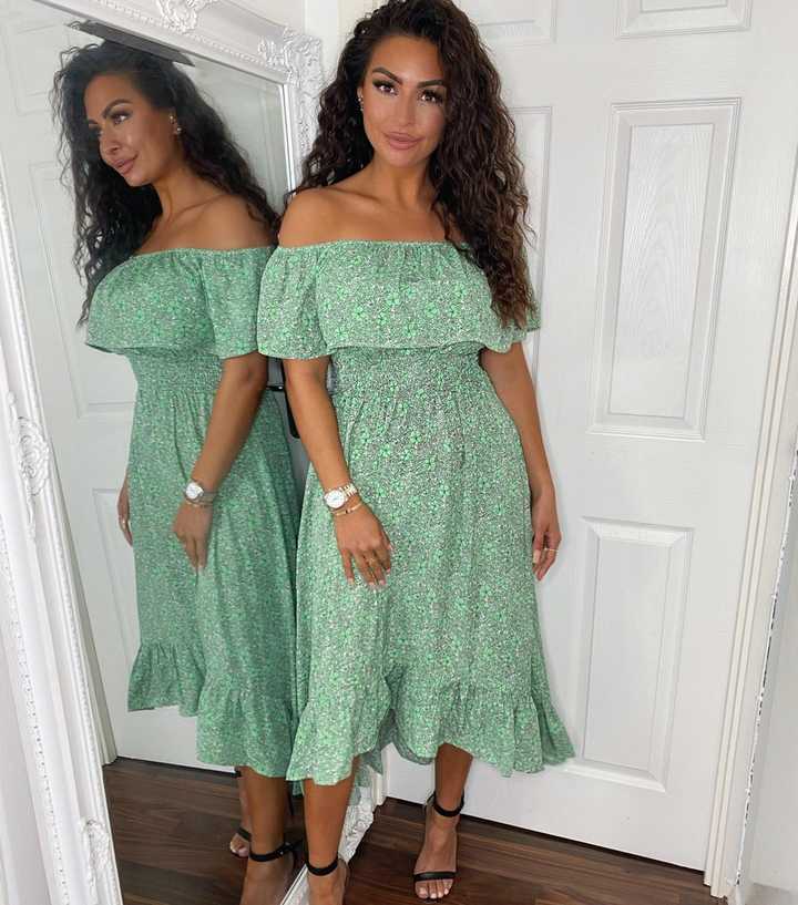 green bardot midi dress Plus Size Bardot Ruched Detail Midi Dress in Green 26
