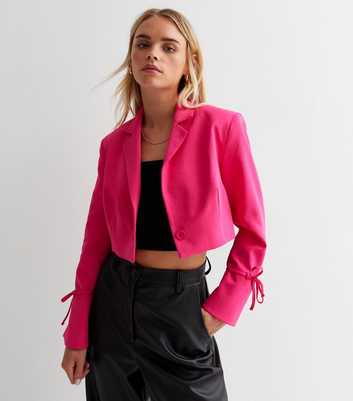 Petite Bright Pink Tie Sleeve Crop Blazer