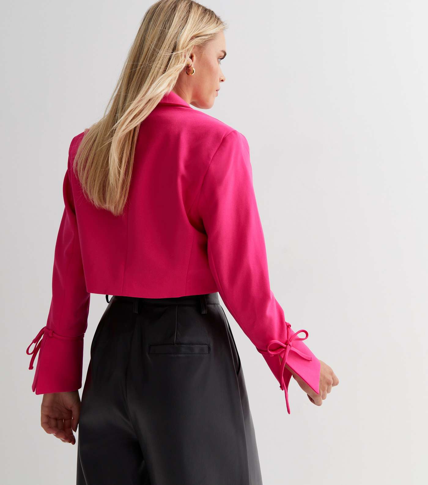 Petite Bright Pink Tie Sleeve Crop Blazer Image 4