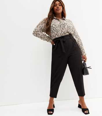 Curves Black Belted High Waist Trousers