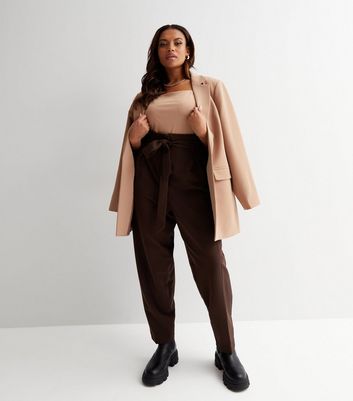 Curves Dark Brown Belted High Waist Trousers | New Look