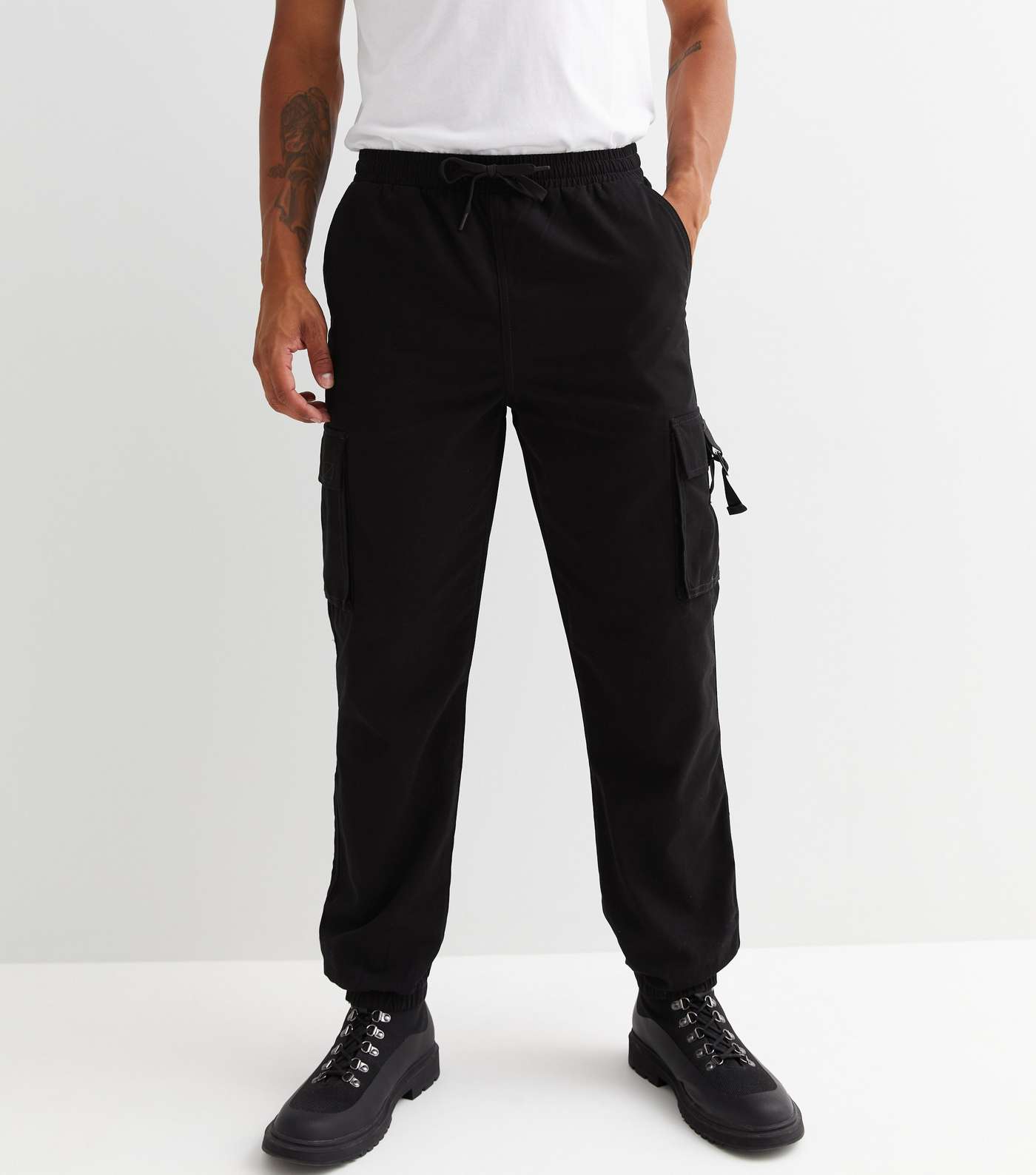 Black Cuffed Slim Fit Cargo Trousers Image 2