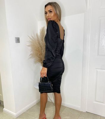 Click to view product details and reviews for Ax Paris Black Satin Ruched Bodycon Dress New Look.