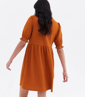 Rust Crinkle Jersey Puff Sleeve Mini 