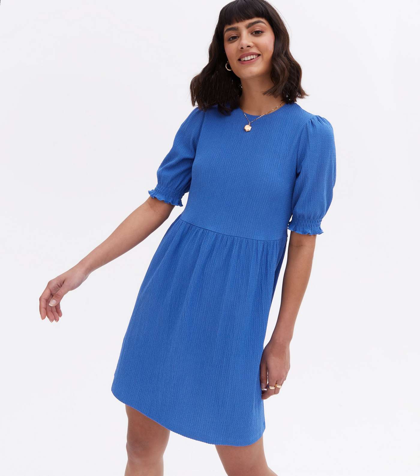 Bright Blue Crinkle Jersey Puff Sleeve Mini Smock Dress
