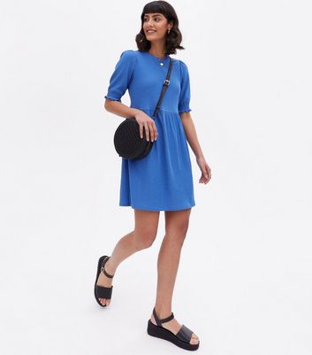 Damen Bekleidung Bright Blue Crinkle Jersey Puff Sleeve Mini Smock Dress