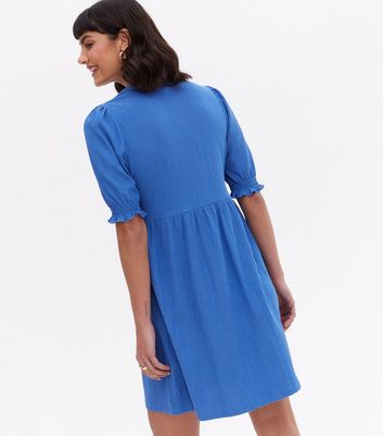 Damen Bekleidung Bright Blue Crinkle Jersey Puff Sleeve Mini Smock Dress