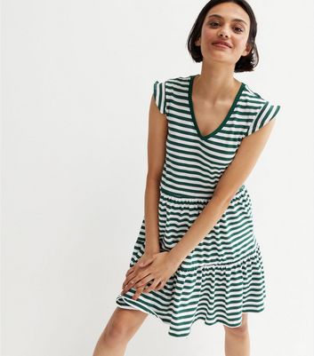 Only Green Stripe Tiered Mini Smock Dress New Look