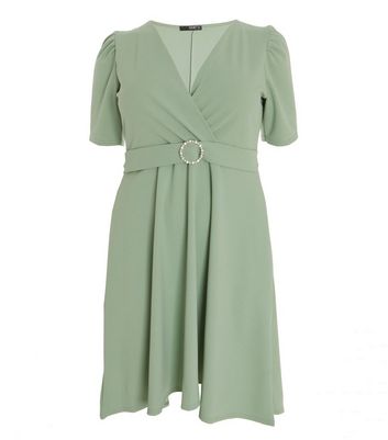 Quiz Curves Green Diamanté Buckle Dip Hem Wrap Dress New Look