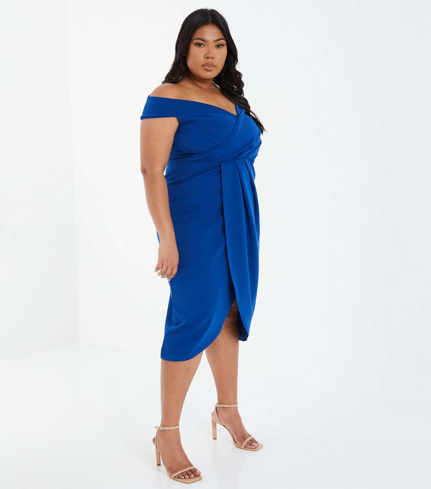 QUIZ Curves Bright Blue Bardot Midi Wrap Dress Image 2