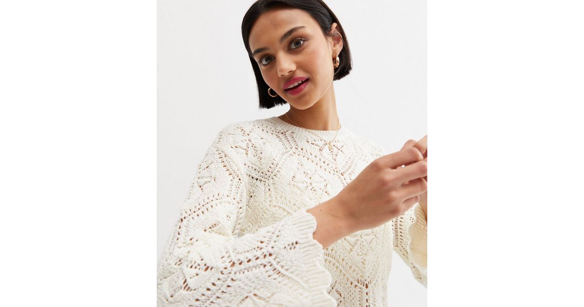 Cream Crochet Wide Sleeve Jumper New Look