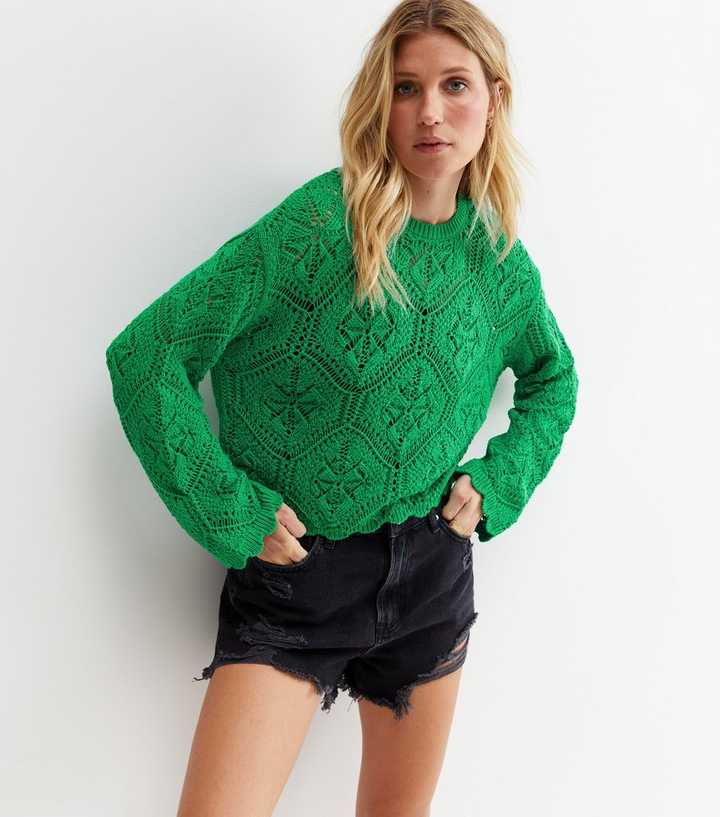 Green Crochet Wide Sleeve Jumper | New Look
