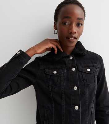 Tall Black Teddy Collar Pocket Front Denim Jacket