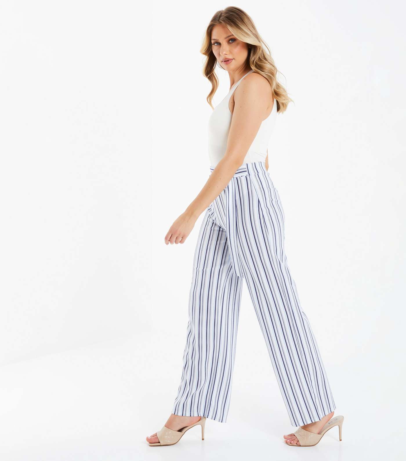 QUIZ Blue Stripe Belted Wide Leg Trousers Image 3