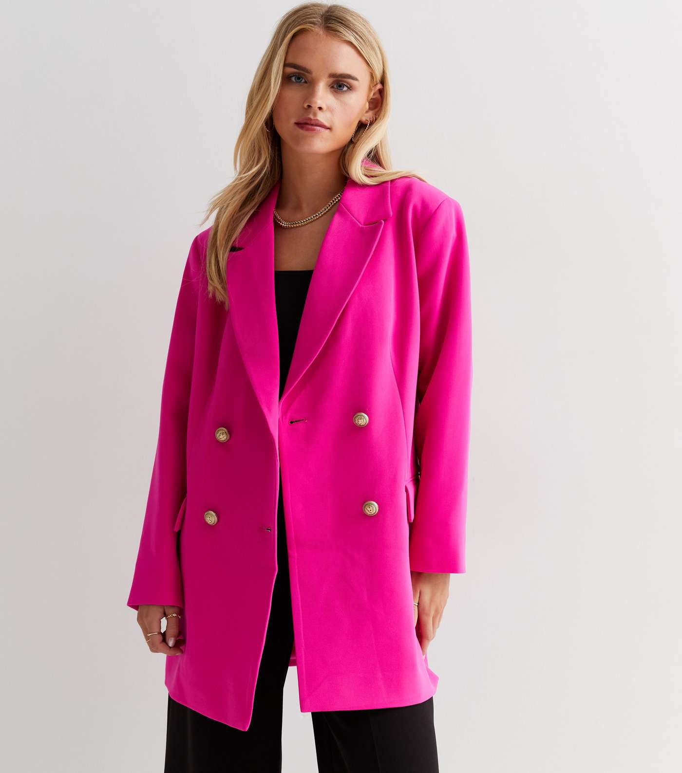 Petite Bright Pink Double Breasted Long Blazer Image 2