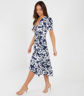 Quiz Navy Floral Dip Hem Midi Wrap Dress New Look