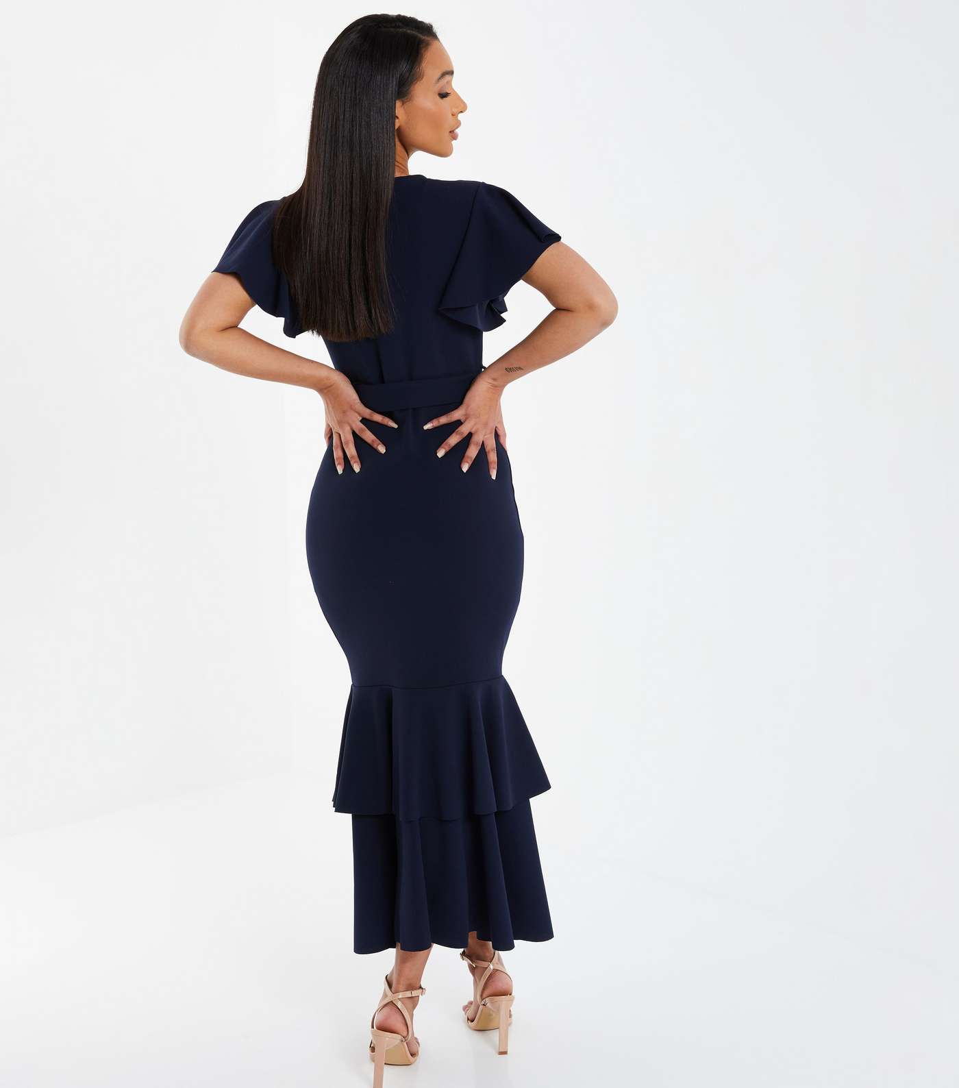 QUIZ Navy Belted Tiered Midi Wrap Dress Image 3
