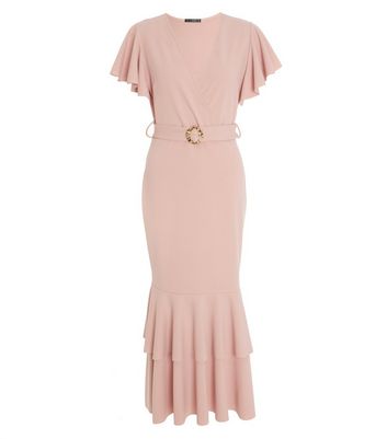 Quiz Pink Frill Belted Tiered Fishtail Midi Wrap Dress New Look