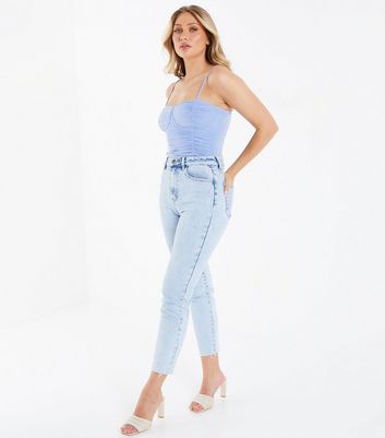 blue ruched bodysuit