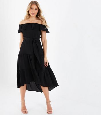 Click to view product details and reviews for Quiz Black Frill Tiered Dip Hem Midi Bardot Dress New Look.