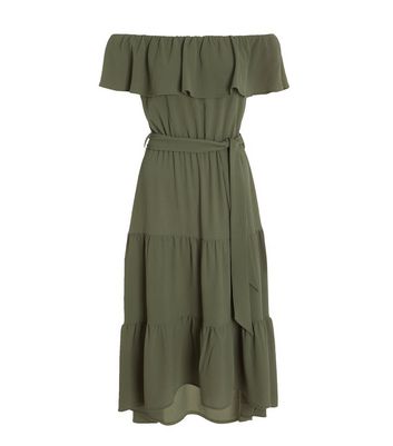 Click to view product details and reviews for Quiz Khaki Frill Tiered Dip Hem Midi Bardot Dress New Look.