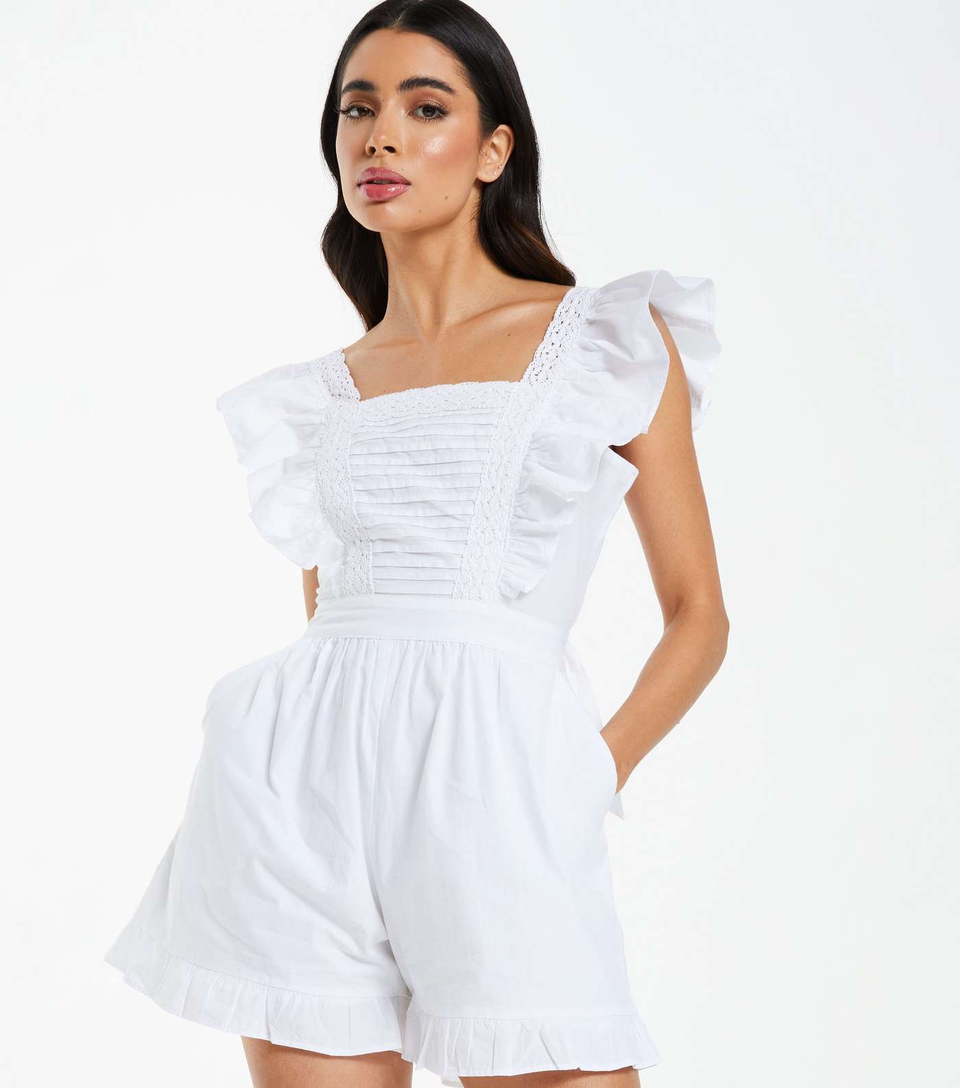 QUIZ White Frill Sleeve Lace Trim Tie Back Playsuit