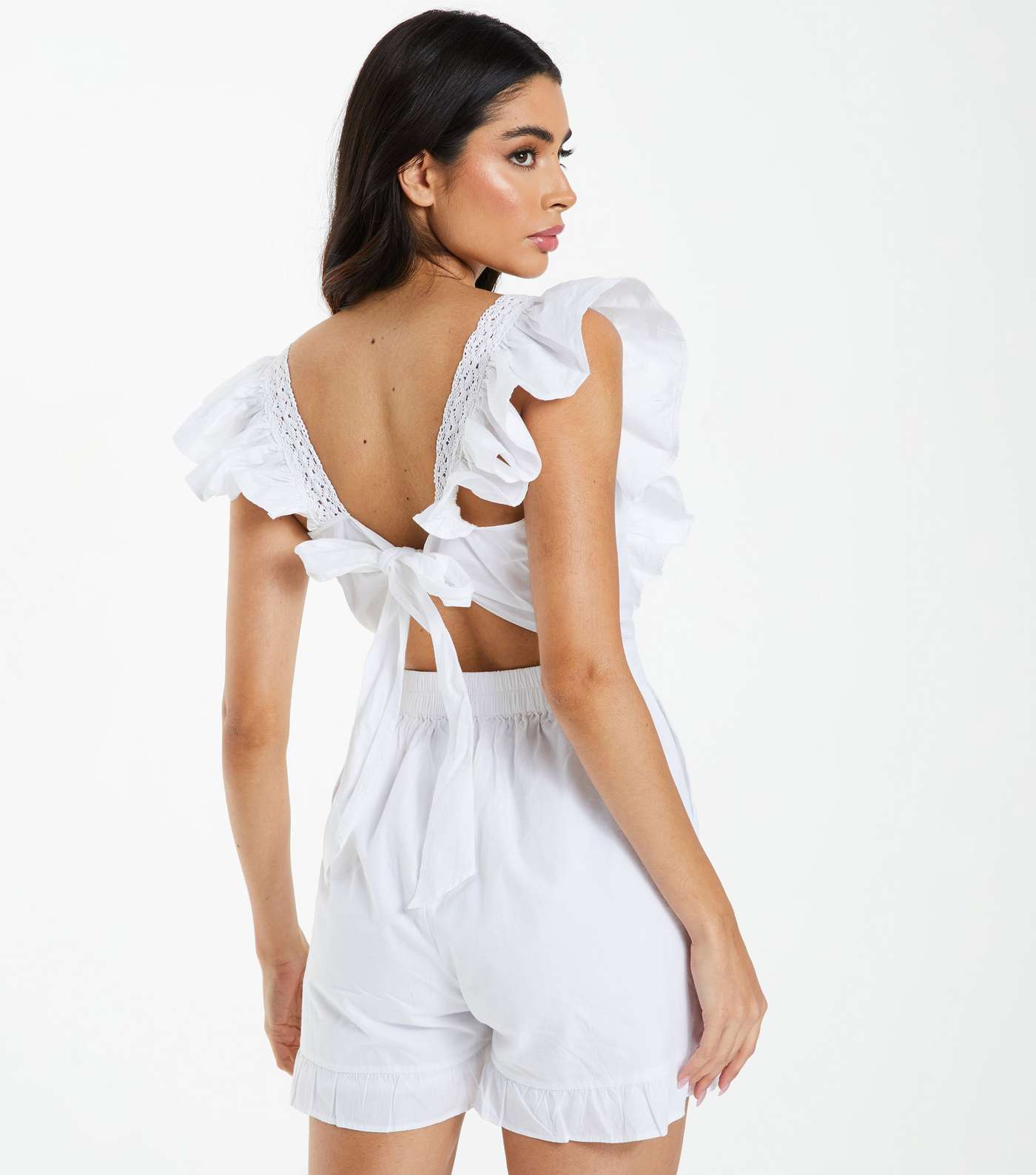 QUIZ White Frill Sleeve Lace Trim Tie Back Playsuit Image 3