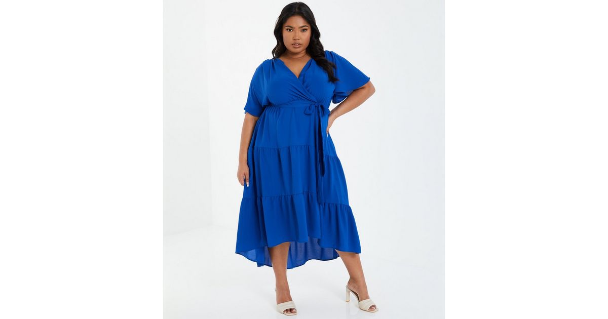 QUIZ Curves Bright Blue Tiered Midi Wrap Dress New Look