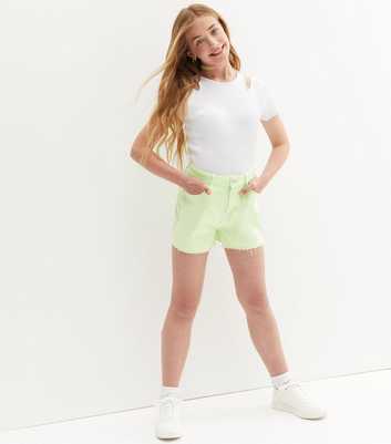Girls Light Green Denim Ripped Frayed Hem Mom Shorts