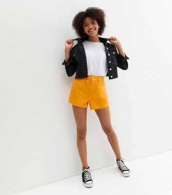Girls Bright Orange Denim Ripped Frayed Hem Mom Shorts