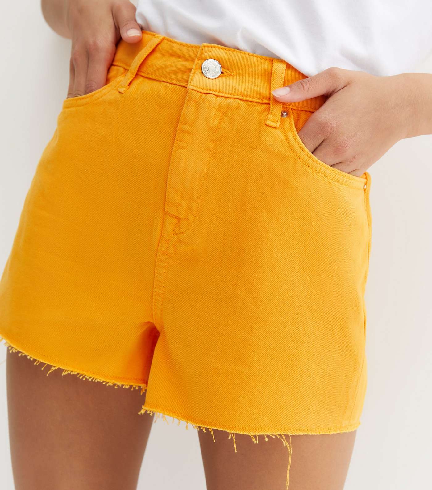 Girls Bright Orange Denim Ripped Frayed Hem Mom Shorts Image 3
