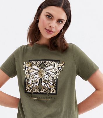 Click to view product details and reviews for Khaki Baroque Butterfly Leopard Print Logo T Shirt New Look.