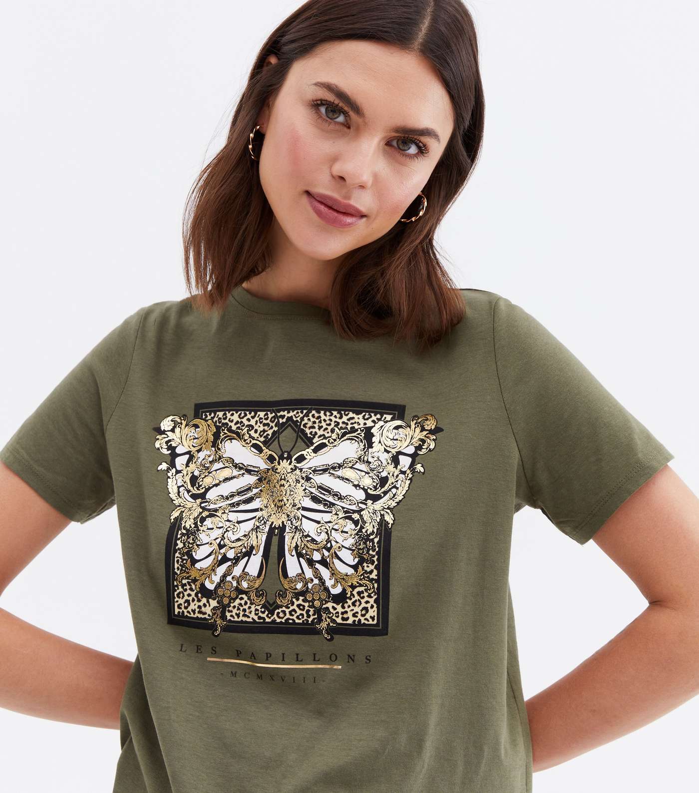 Khaki Baroque Butterfly Leopard Print Logo T-Shirt